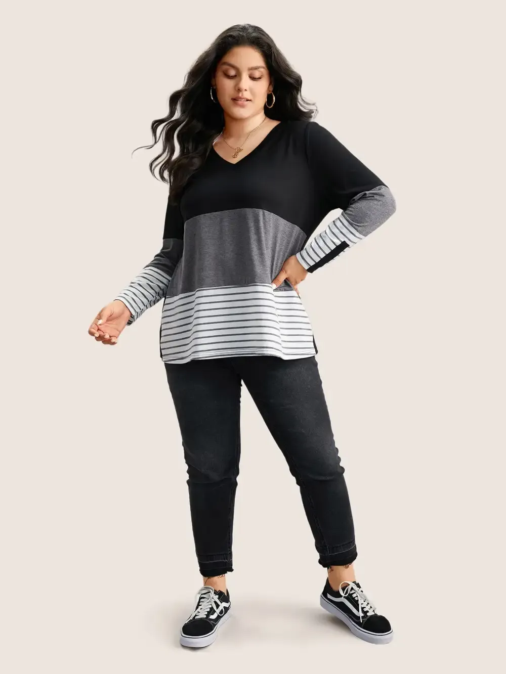 Colorblock Contrast Striped V Neck T-Shirt