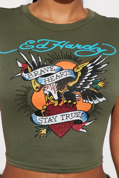 Ed Hardy Eagle Rhinestone Tee - Olive