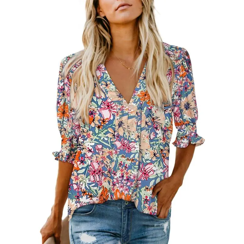 Women’s V-Neck Ruffle Sleeve Floral Blouse – Casual Lightweight Summer Tee 2025