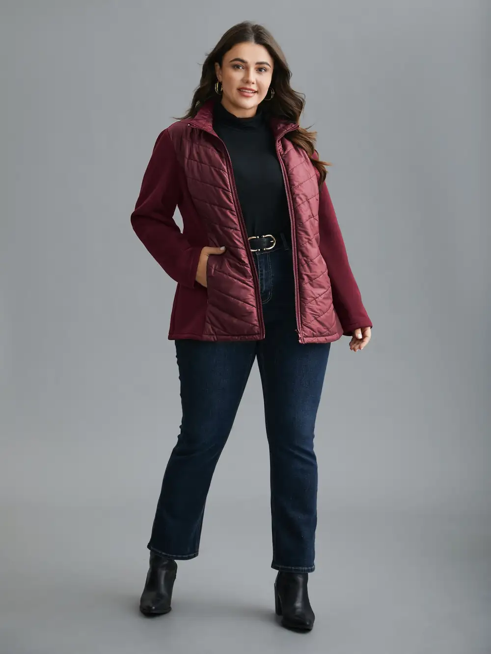 Funnel Neck Contrasting Design Zipper Coat