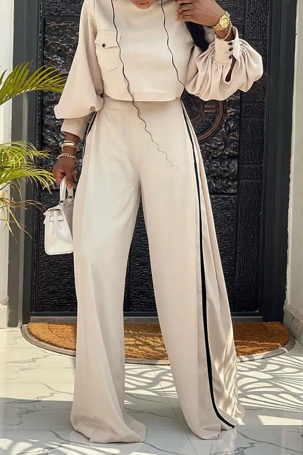 Colorblock Mock-Neck Wide-Leg Pant Set