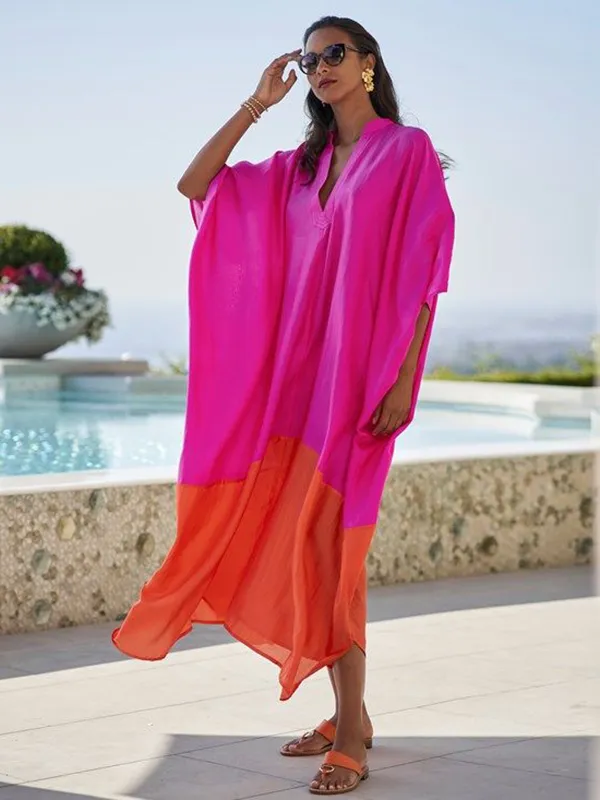 Beach Loose Contrast Color Split-Joint V-Neck Maxi Dresses