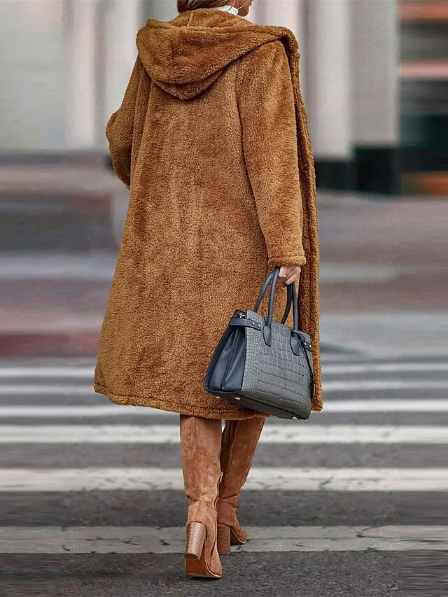 Women's Brown Teddy Fleece Hooded Long Coat