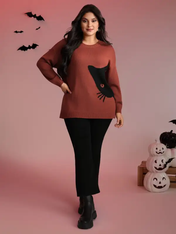 Night Cat Print Crew Neck Pullover