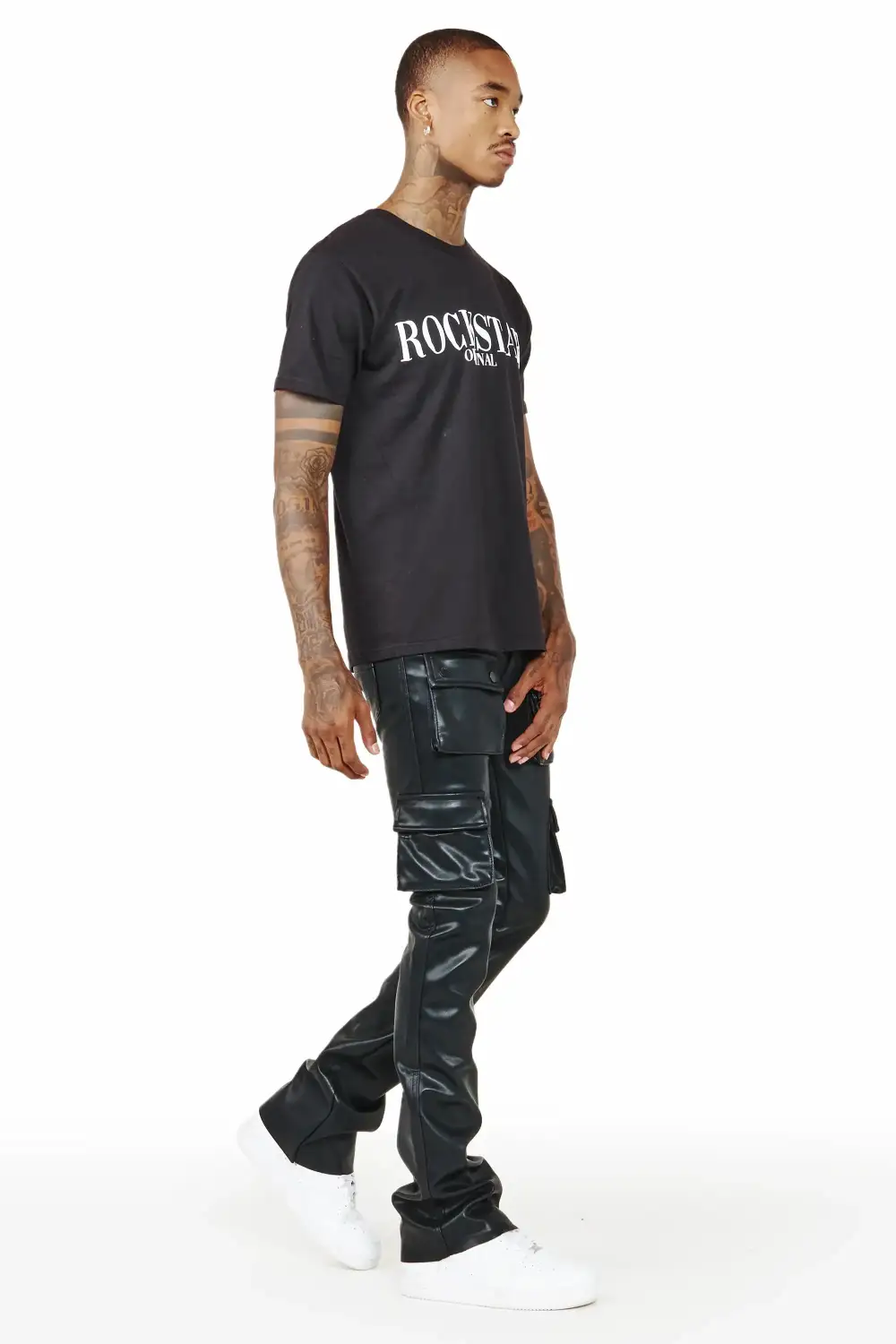 Khaza Black Faux Leather Stacked Flare Jean