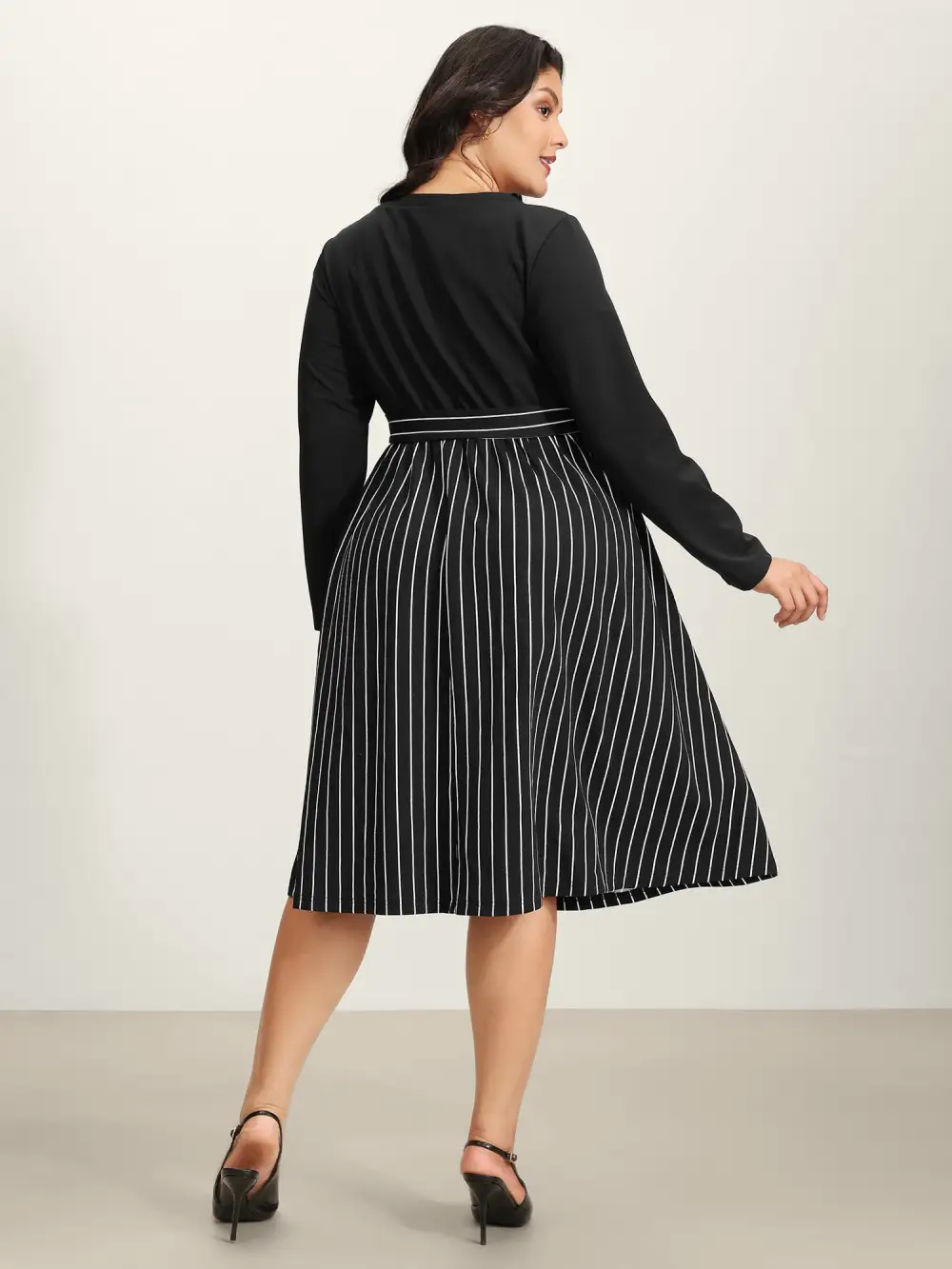 Stripes Color Contrast Belted Midi Dress