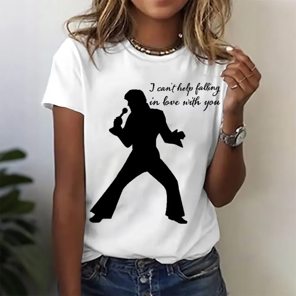 Women's  I Can'T Help Falling In Love With You Print Short Sleeve Round Neck Cotton T-Shirt