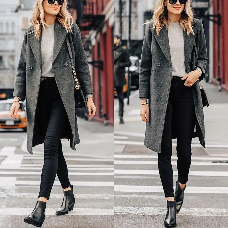 Women's Winter Notch Lapel Double Breasted Wool Blend Mid Long Pea Trench Coat