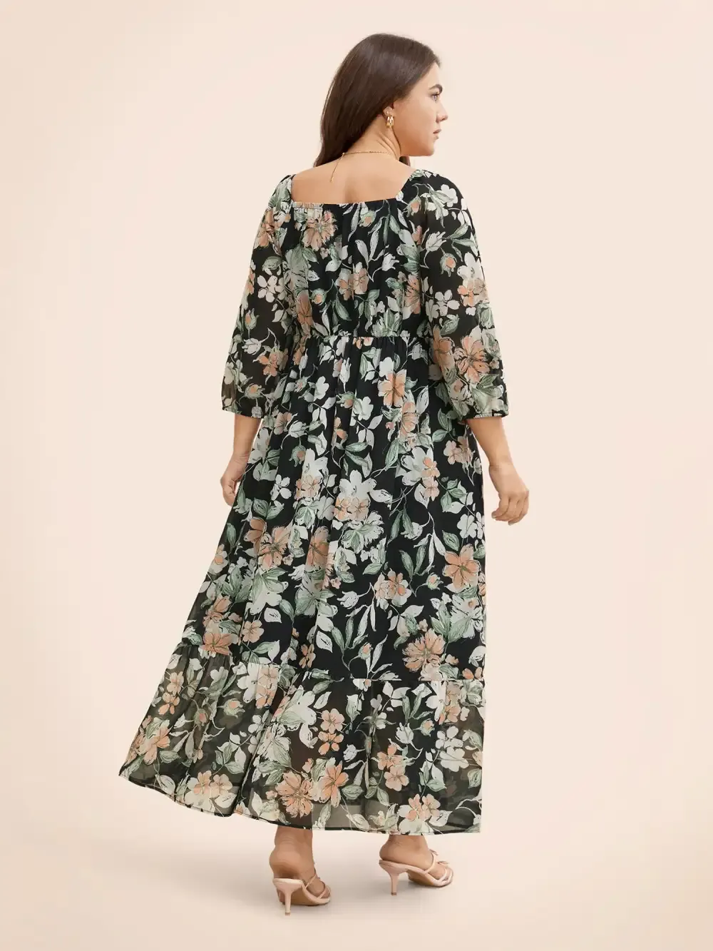 Floral Heart Neckline Woven Ribbon Gathered Dress