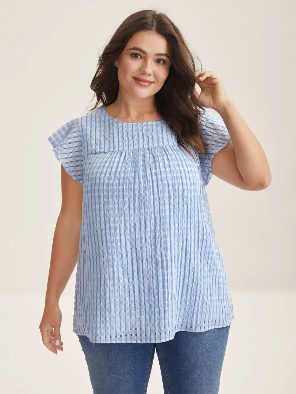 Textured Sheer Lined Flutter Sleeve Blouse