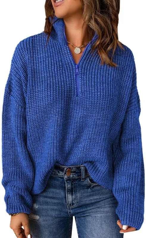 Womens Sweaters Long Sleeve 1/4 Zip Pullover Polo V Neck Dressy Casual Tops