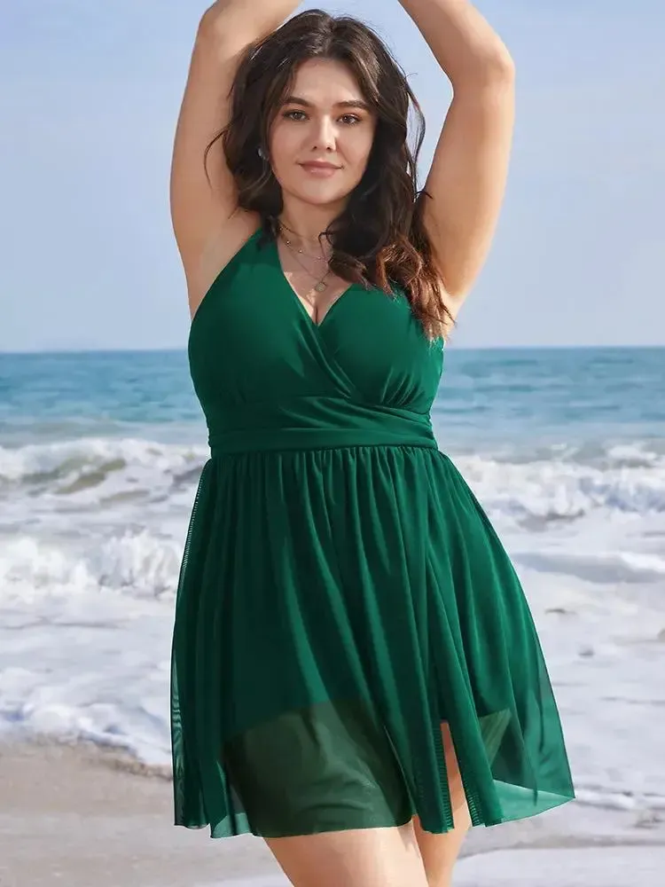 Sculpt Waist Ruched Split Hem Swim Dress