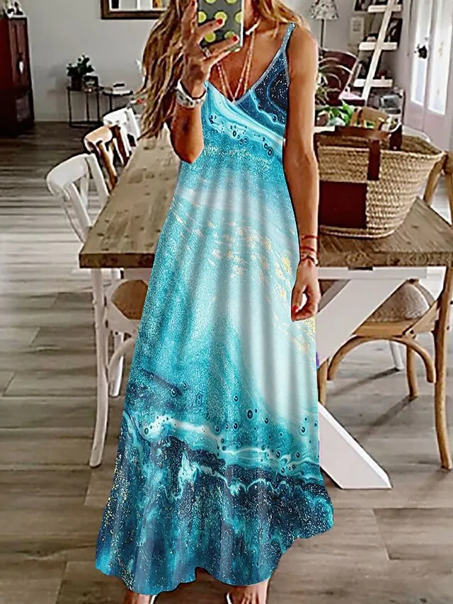 Women's Casual Dress Long Dress Maxi Dress Khaki Sleeveless Print Print Spring Summer V Neck Casual Weekend 2023 S M L XL XXL 3XL