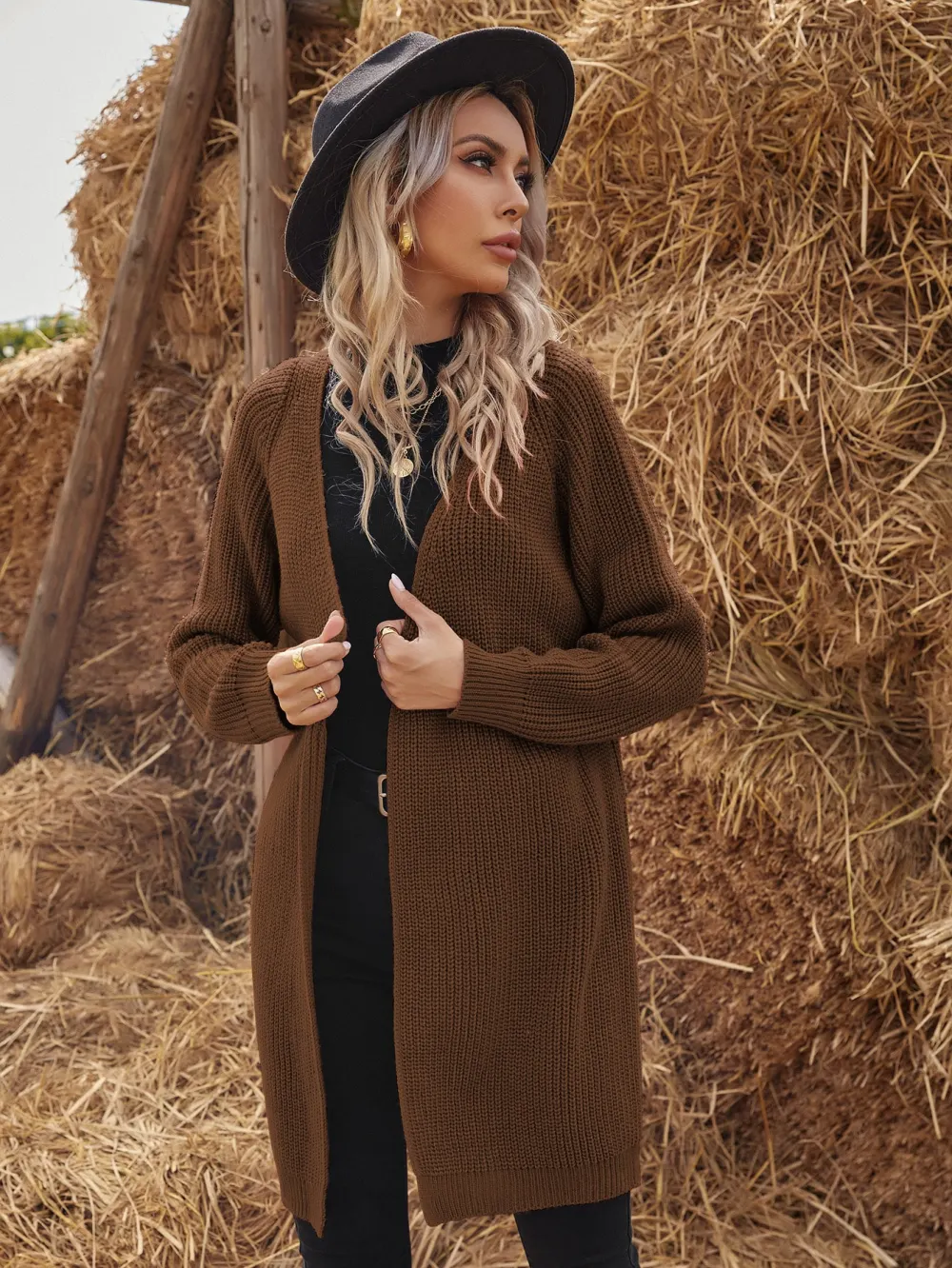 Solid Raglan Sleeve Open Front Cardigan