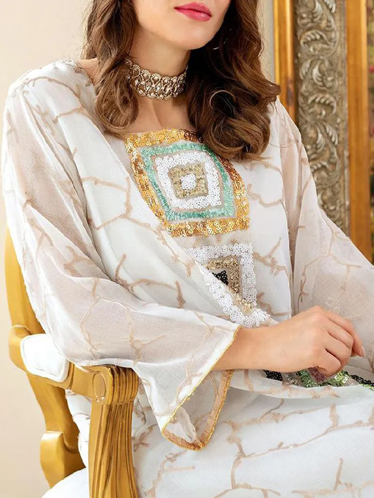 Printed Bead Embroidery Flare Sleeves Long Dress