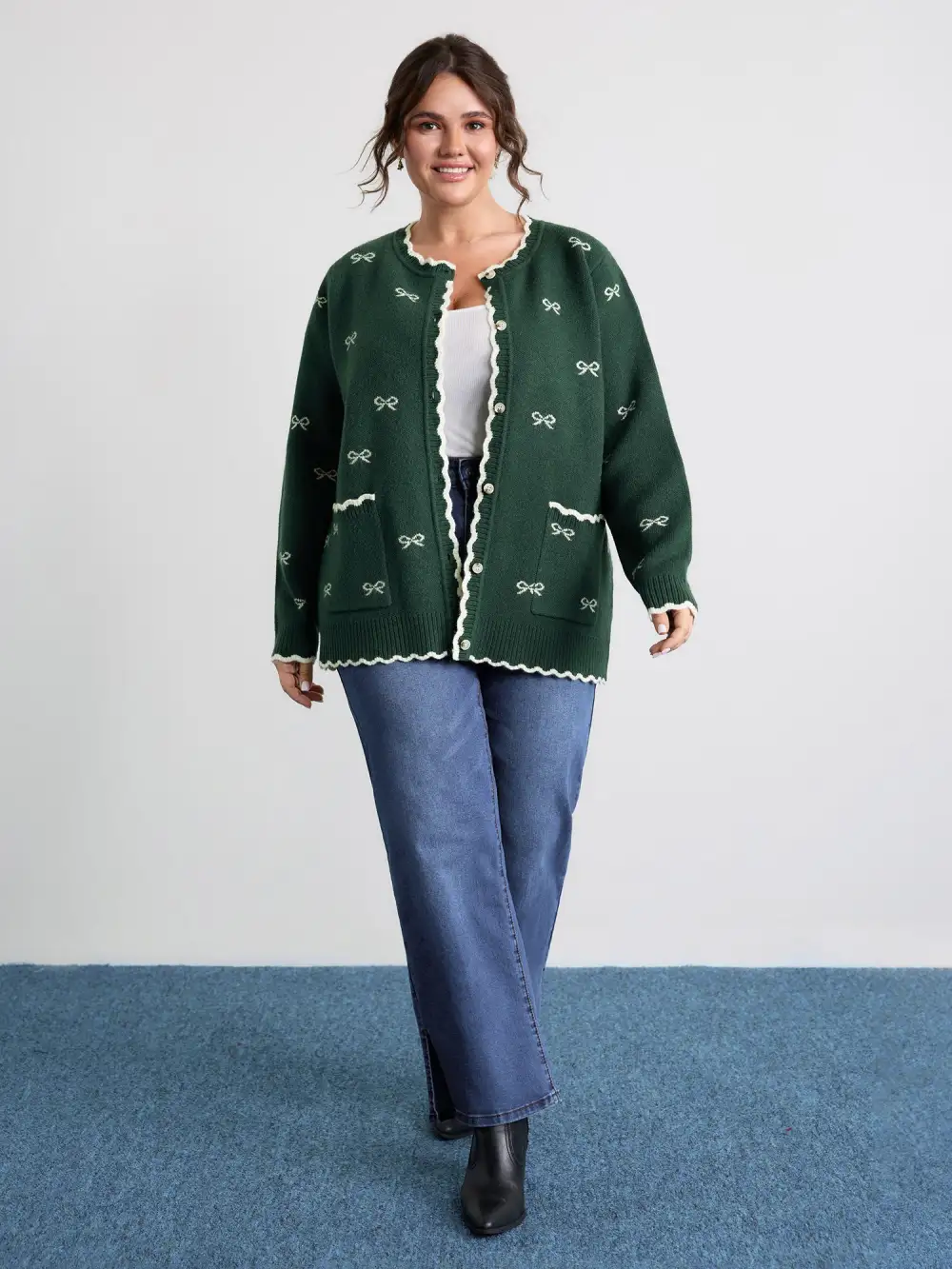 Bowknot Jacquard Wavy Edge Knit Cardigan