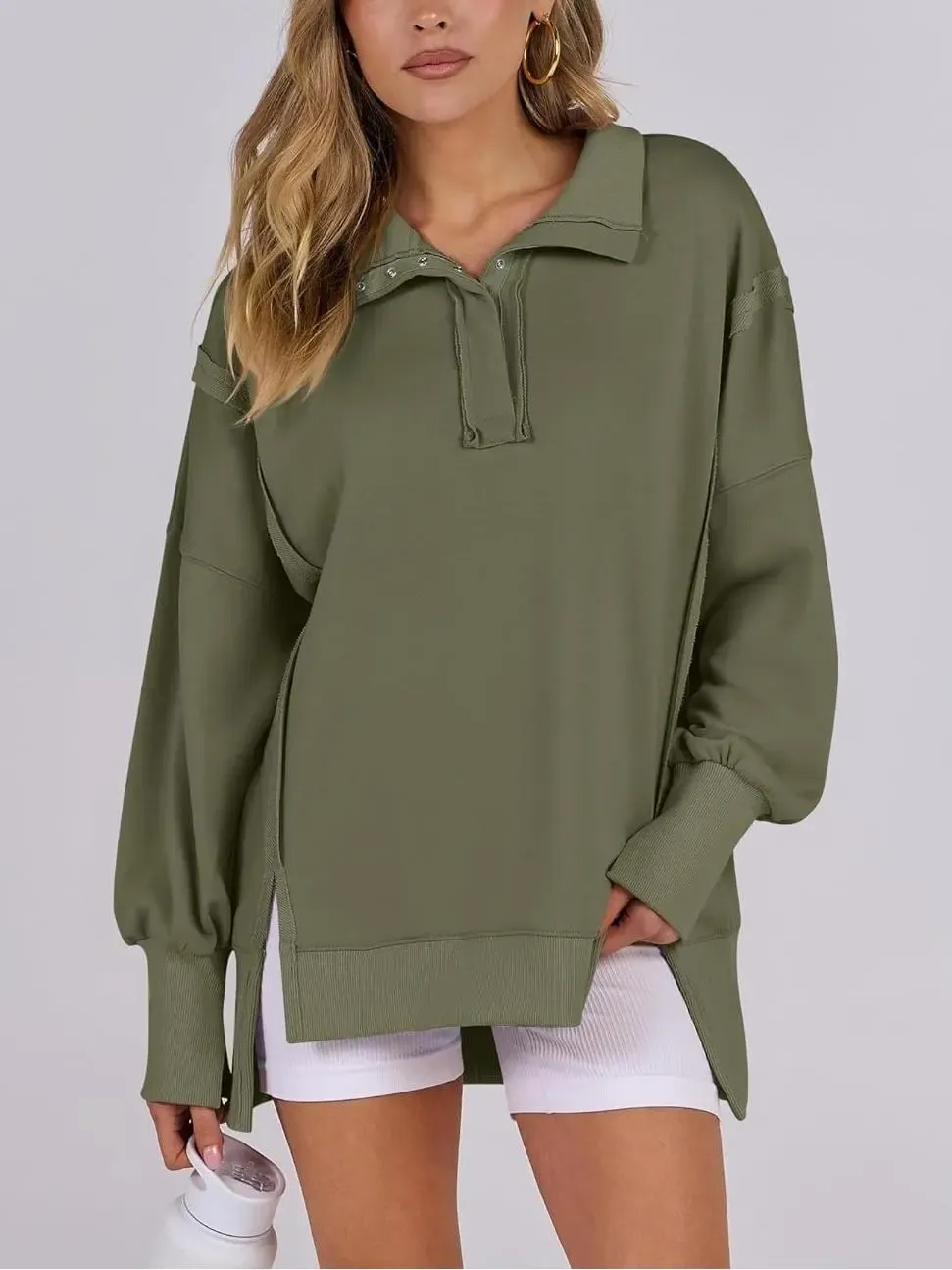 ✨Women's Oversized High Low Split Button Up Henley Pullover Top