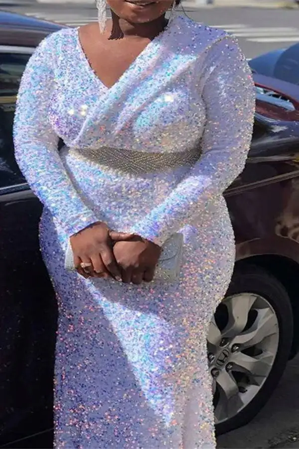 Sequined Sparkly Wrap V Neck Side Split Midi Dress