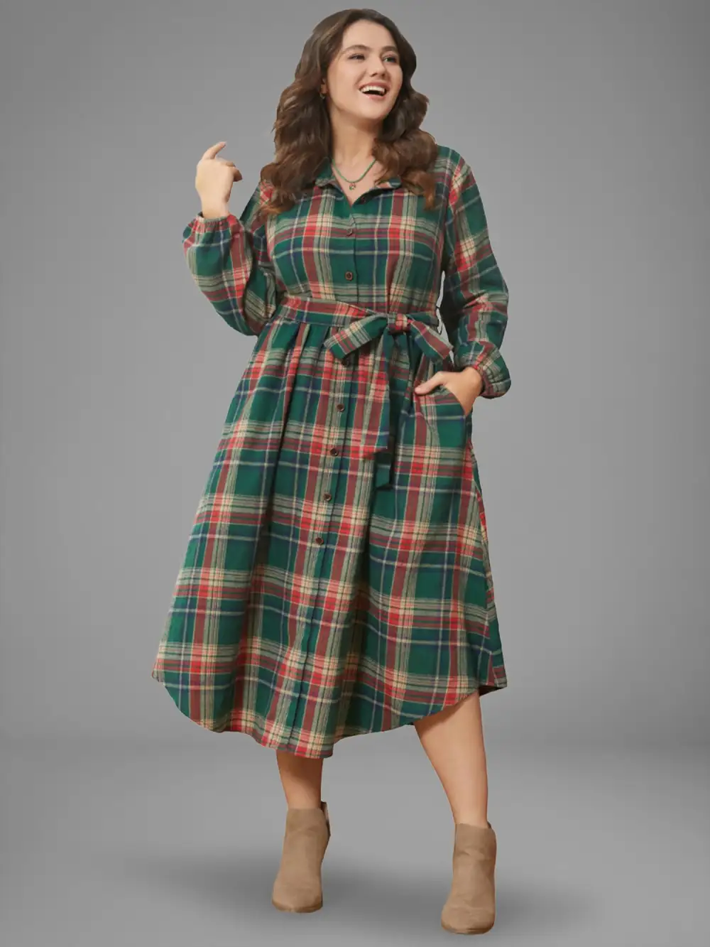 Plaid Button Detail Pocket Belted Arc Hem Dress