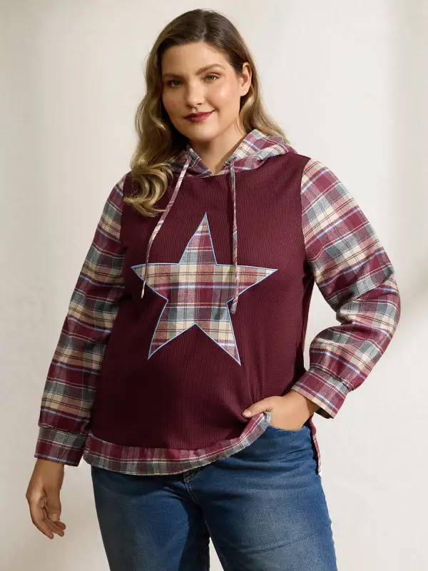 Plaid Star Applique Embroidery Hoodie