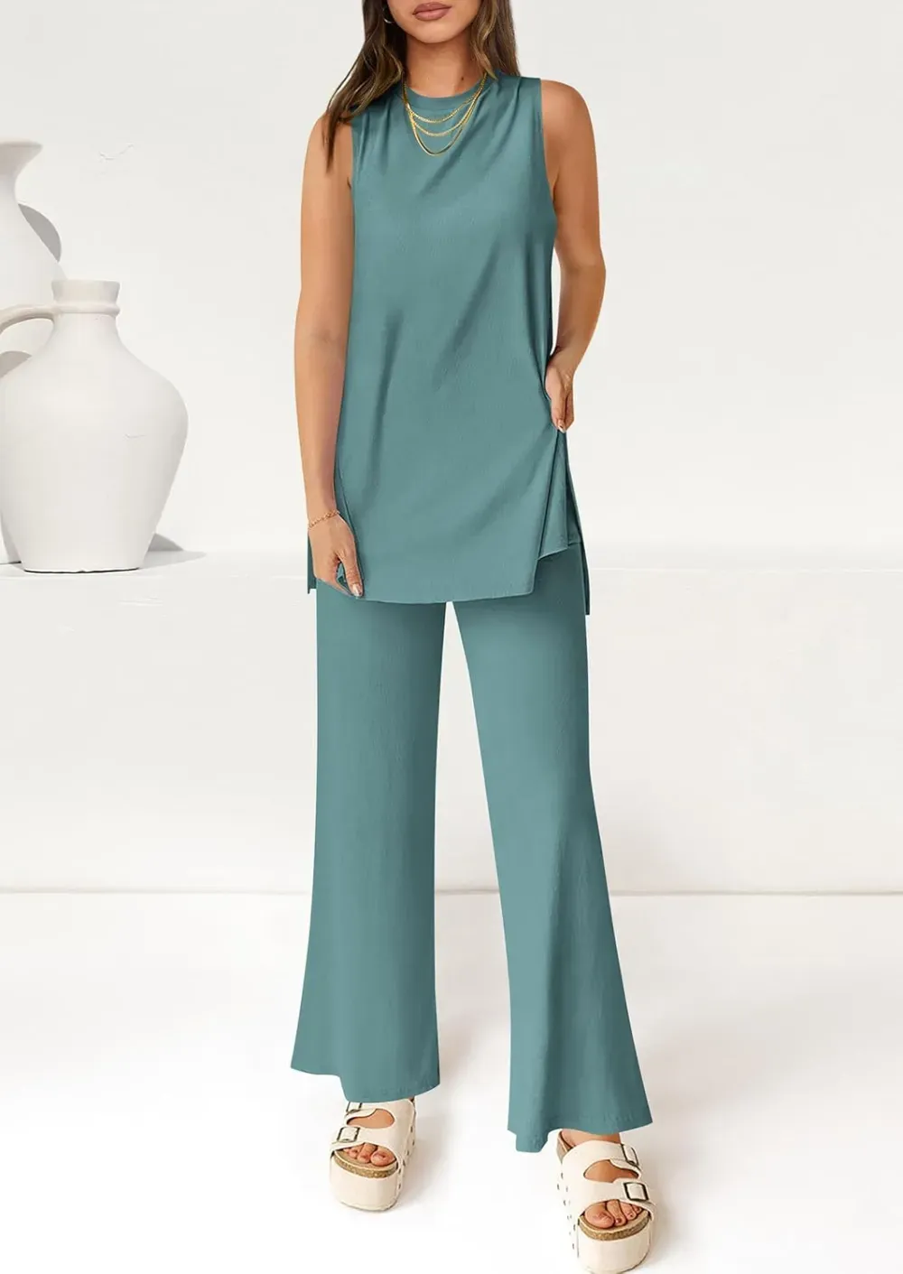 Women's Casual Loose Tank Top Wide Leg Pants 2 Piece Lounge Set