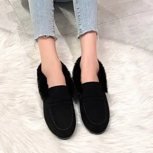 Women's Comfort sofe Furry Outer Wearing Flats Loafers Ankle boots Wild Fluffy Flat Mules Warm Shoes