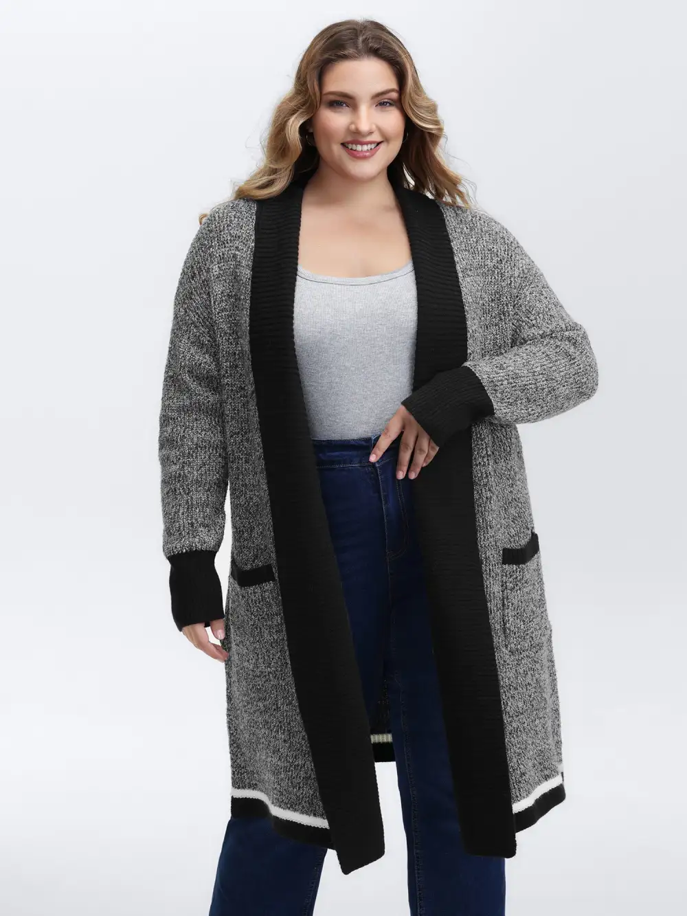 Color Contrast Trim Textured Pocket Knit Cardigan