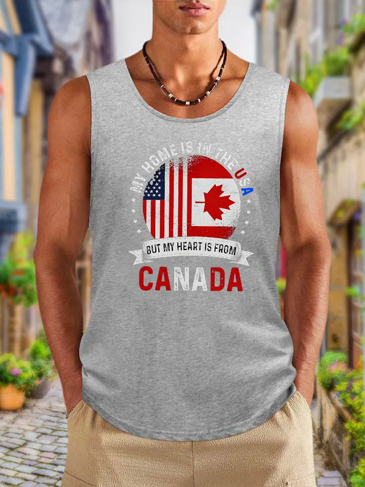 Men'S My Home Is In The Usa But My Heart Is From Canada Round Neck Cotton Vest