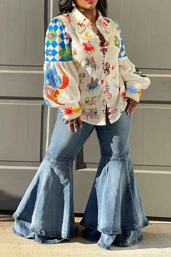 Animal Graffiti Print Retro Puff Sleeve Blouse