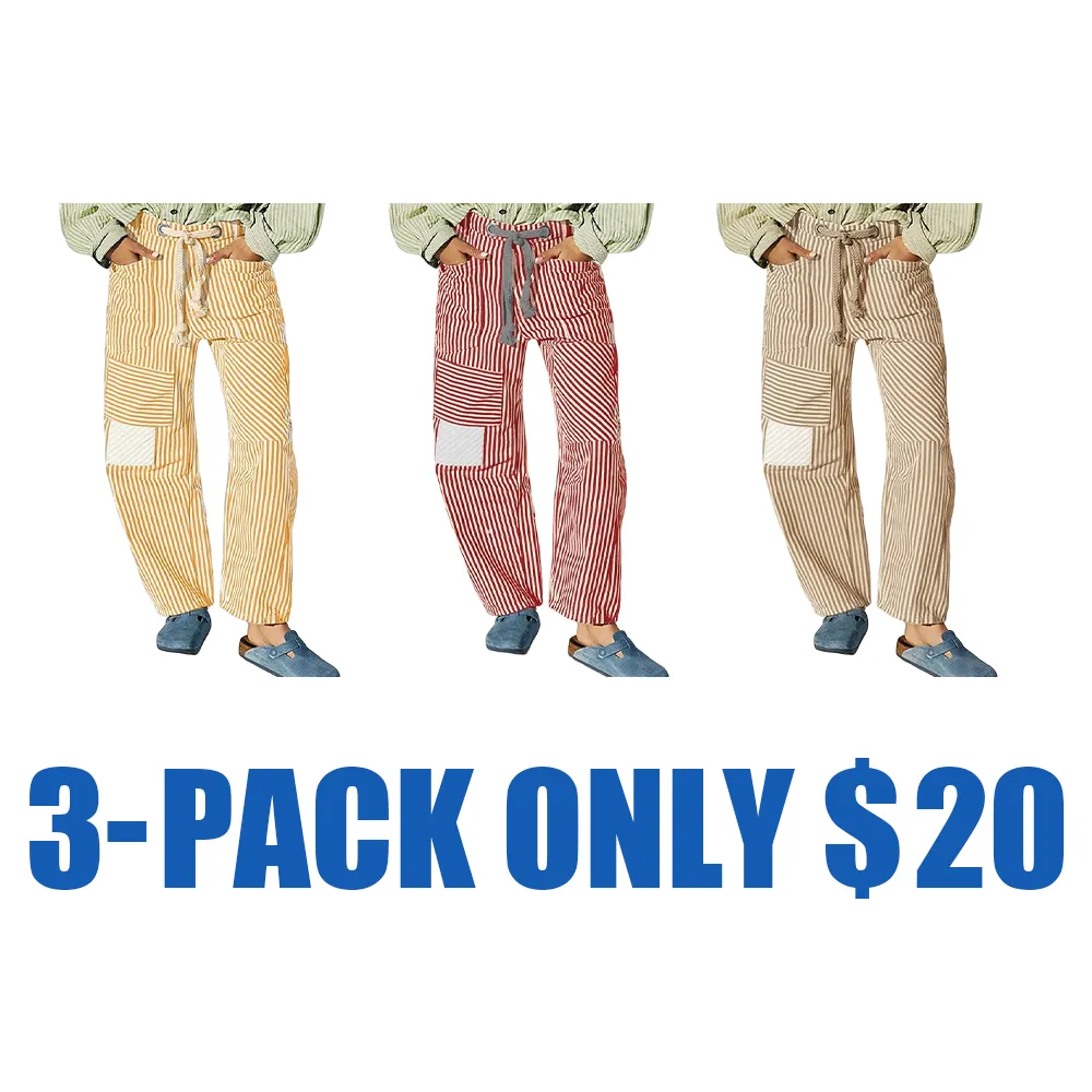 Women's Striped Wide Leg Pants with Pockets – Elastic Waist Drawstring Loose Trousers, Patchwork Casual Style