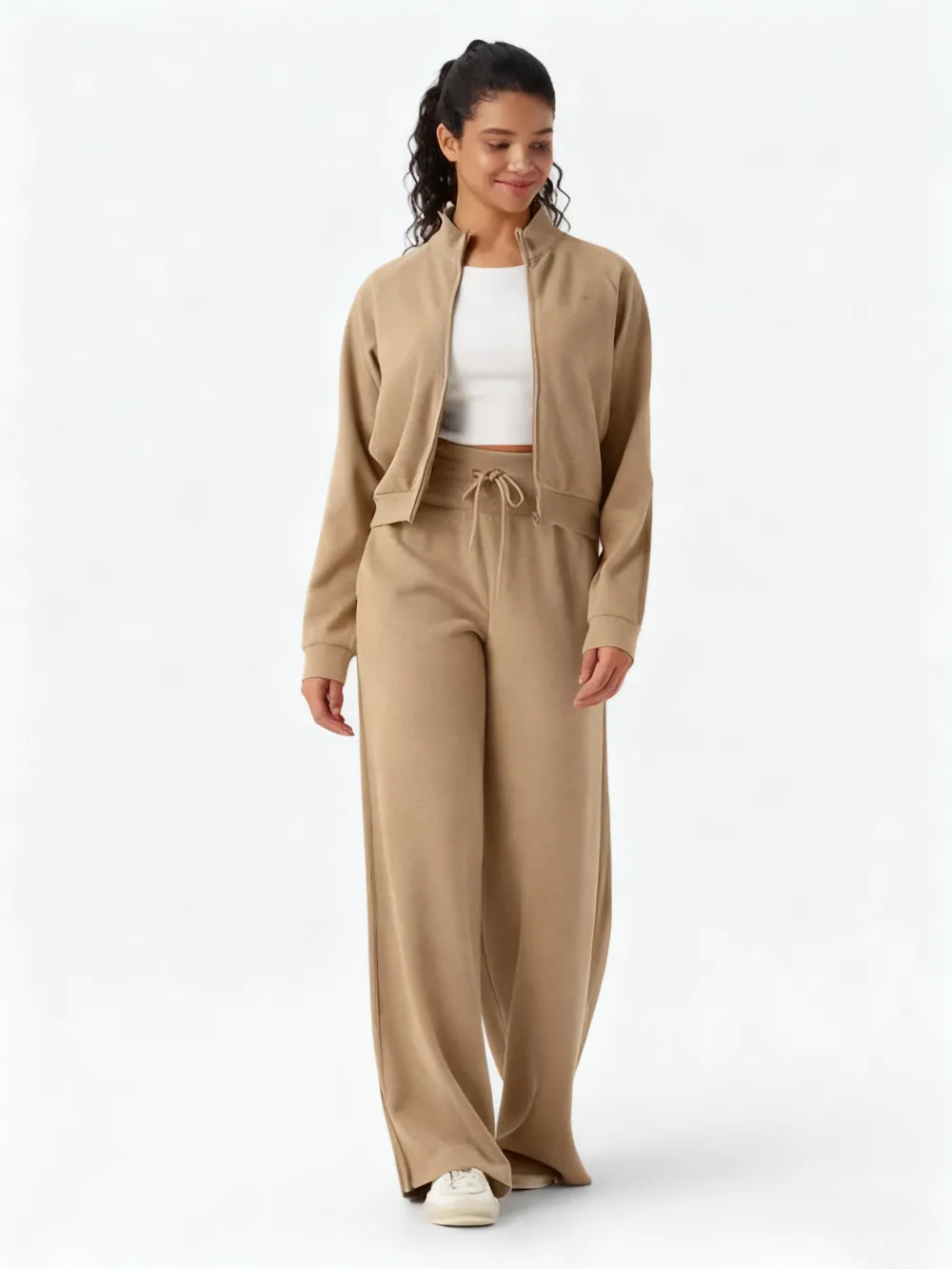 Stand-up collar jacket + wide-leg pants