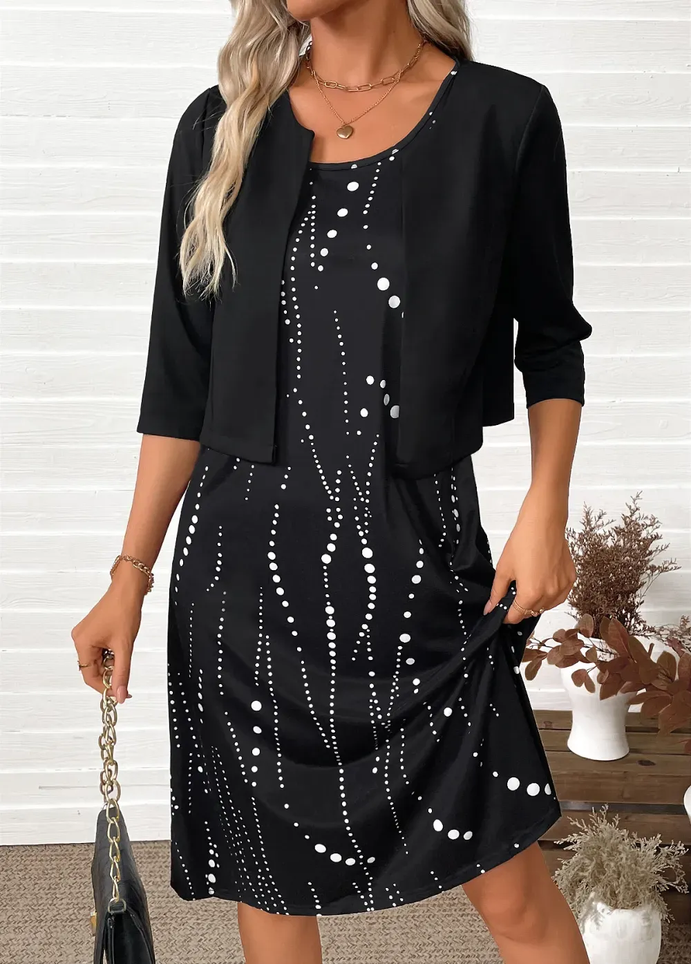 Black Tummy Coverage Polka Dot Dress and Cardigan