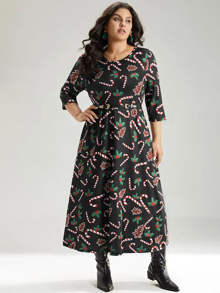 Christmas Print Pocket Elastic Waist Dress