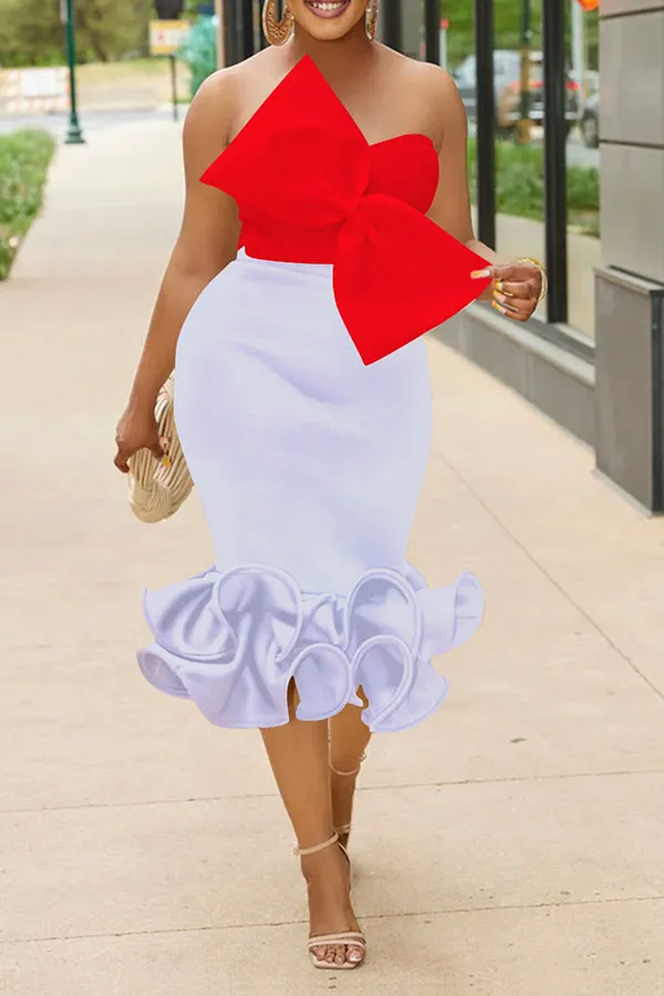Colorblock Bow Hem Wired Ruffle Dress Set