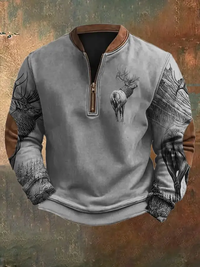 Men's Vintage Western Elk Silhouette Print Zip-Neck Sweatshirt