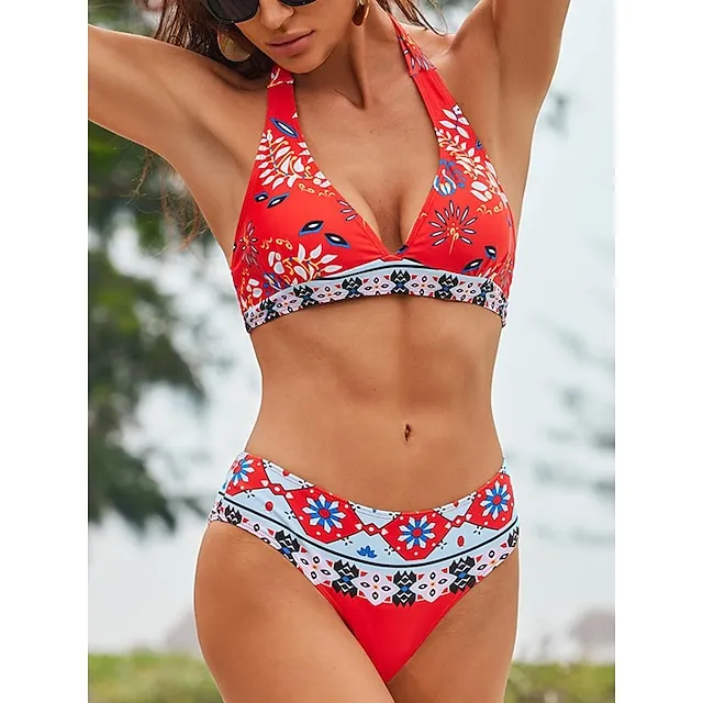 Women's Bikinis 2 Piece Sets Swimsuit Backless Halter Sexy Boho Floral Print Summer Beach Wear Bathing Suits