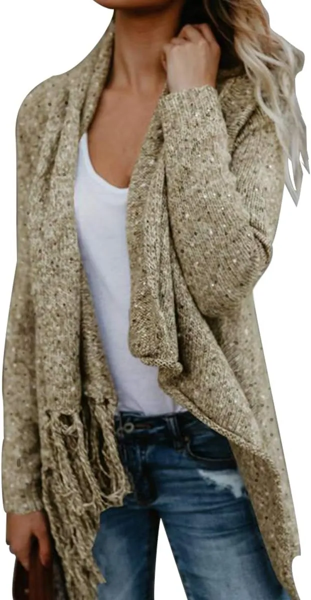Women's Tassel Hem Sweater Long Cardigan Knitwer Pullover Poncho Coat