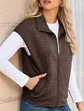 Women's Sweater Sweater Vest Streetwear Casual Solid Color Shirt Collar Zipper Pocket Knitted Sleeveless Regular Tops Knit Daily Holiday Going out Black White Fall Winter