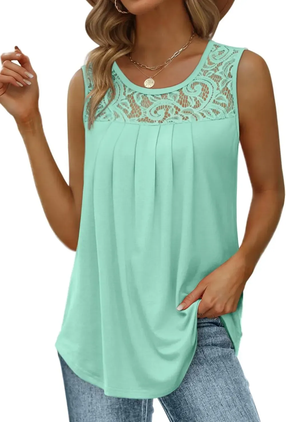 ✨Women's Loose Fit Pleated Scoop Neck Sleeveless Lace Tank Tops