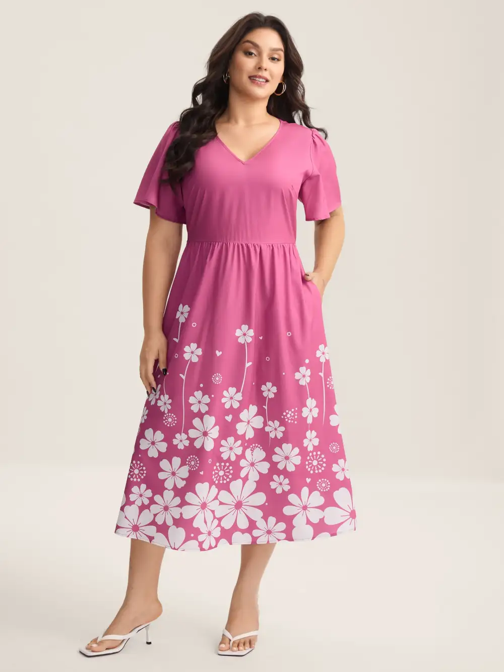 V-Neck Floral Print Flared Sleeve Dress