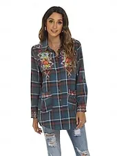 Women's Boho Shirt Floral Plaid Flower Casual Boho Long Sleeve Bishop Sleeve Shirt Collar Regular Tops Valentine's Day Work Daily Embroidered Blue Spring, Fall, Winter, Summer