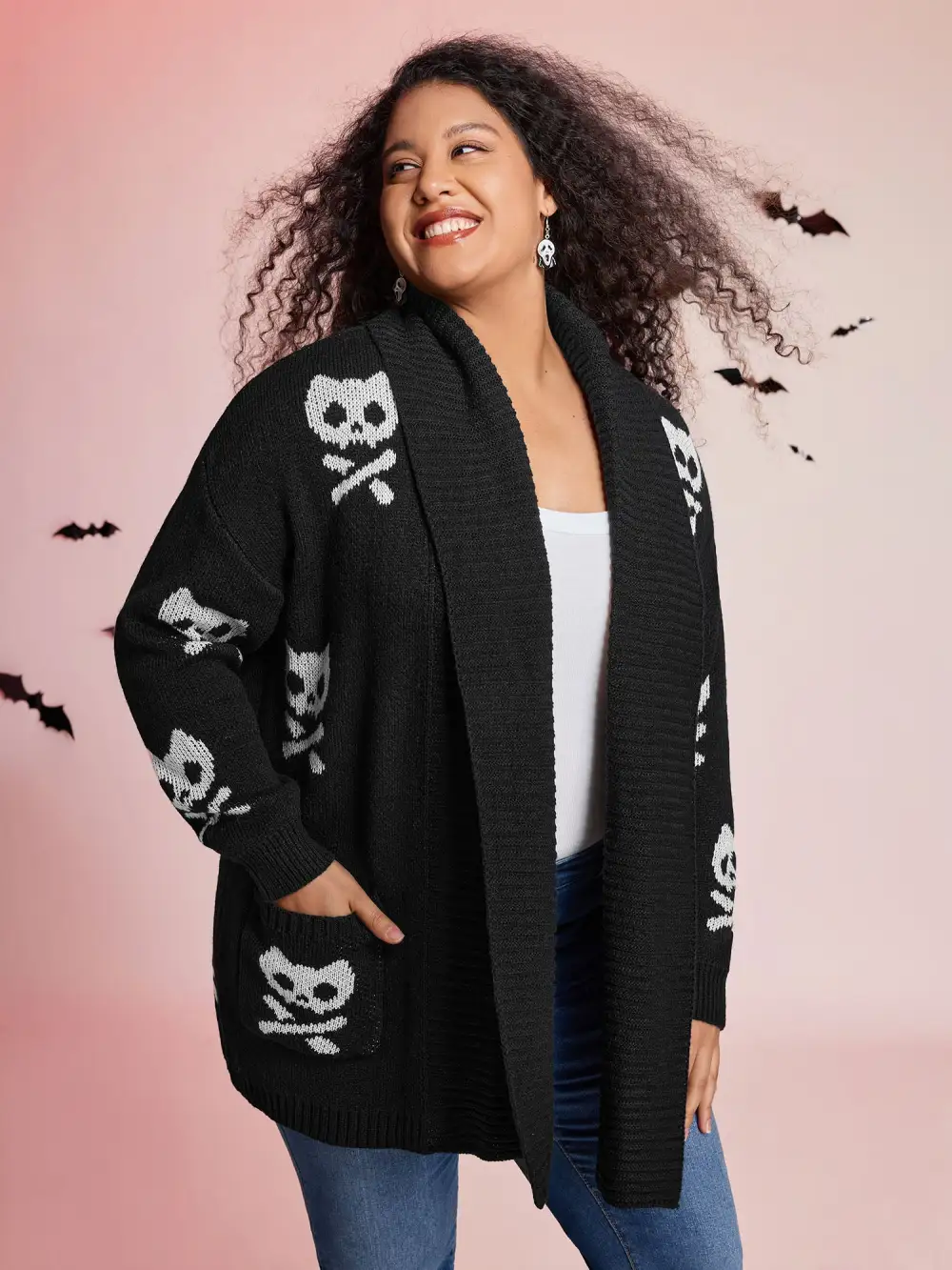 Skull Print Shawl Collar Knit Cardigan
