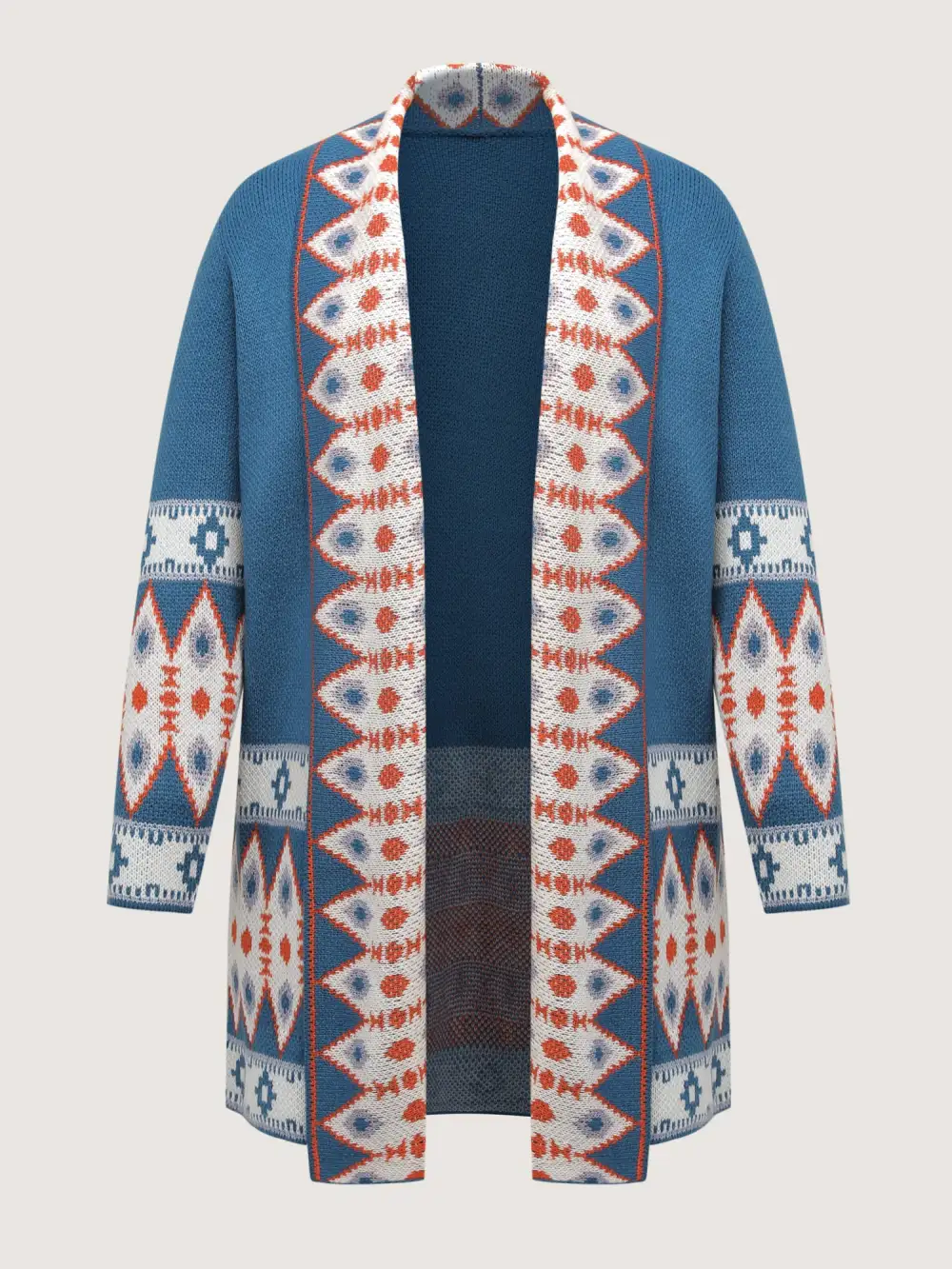 Boho Pattern Jacquard Folded Collar Knit Cardigan