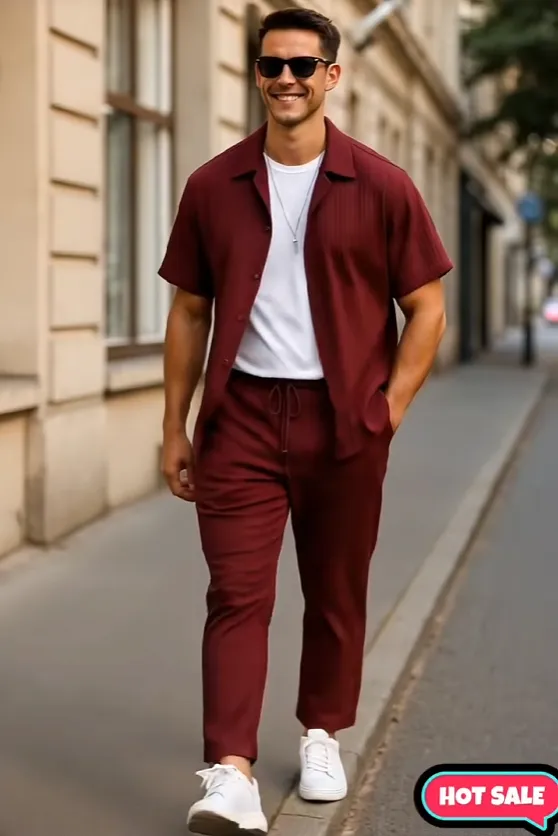 Men’s Maroon Shirt & Trousers Set – Short Sleeve Casual Outfit for Summer & Fall