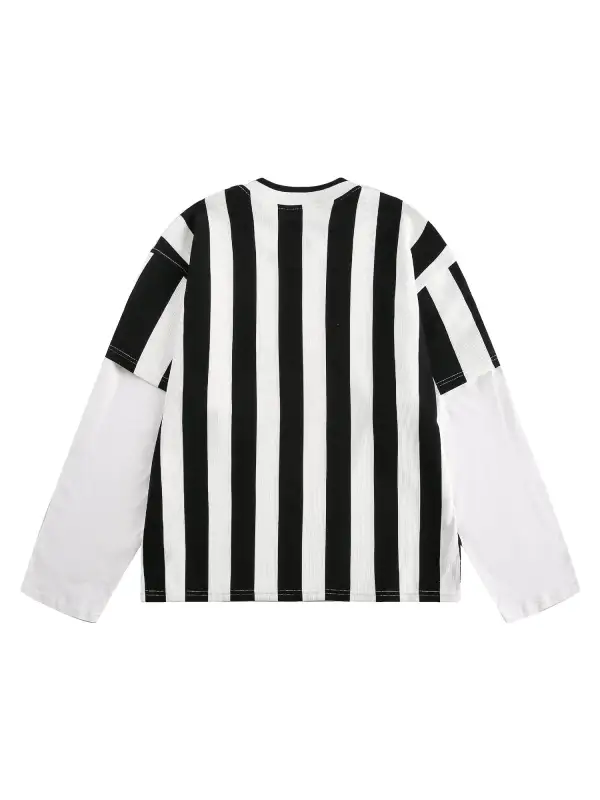 Striped Patchwork Printed Long-sleeved T-shirt