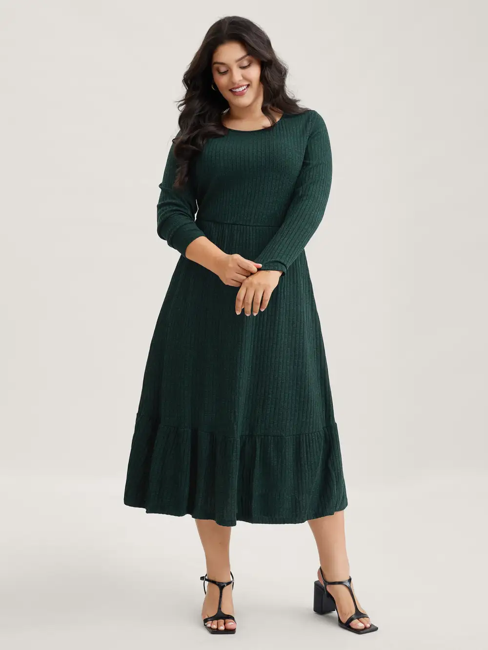 Solid Pocket Rib Knit Ruffle Hem Dress Without Belt