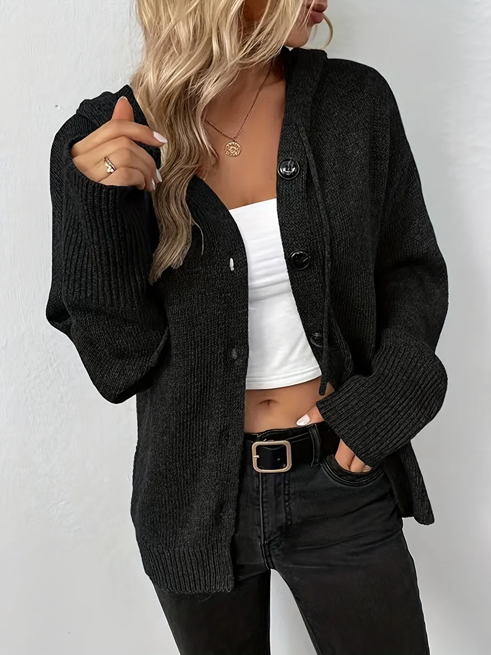 High-Stretch Solid Color Knitted Hooded Long Sleeve Cardigan - Drawstring Closure, Casual Button Front, Regular Fit, Polyester Lining, Perfect for Fall/Winter Season