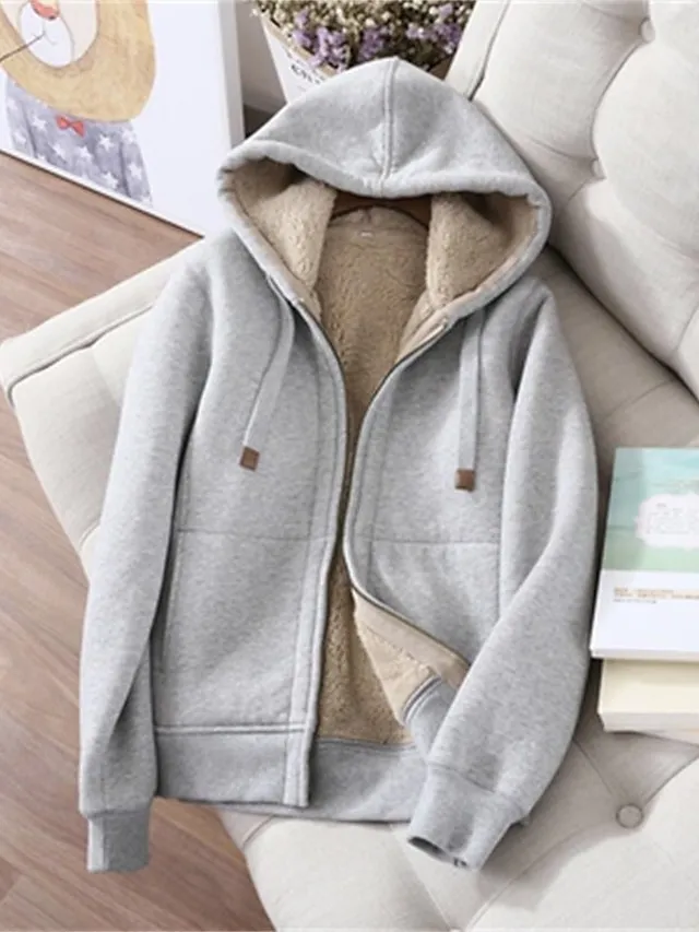 Women's Sweatshirt Tracksuit Pants Sets Black Red Blue Solid Color Zipper Drawstring Long Sleeve Sport Vacation Streetwear Sherpa Fleece Teddy Hooded Regular Fit Fall & Winter