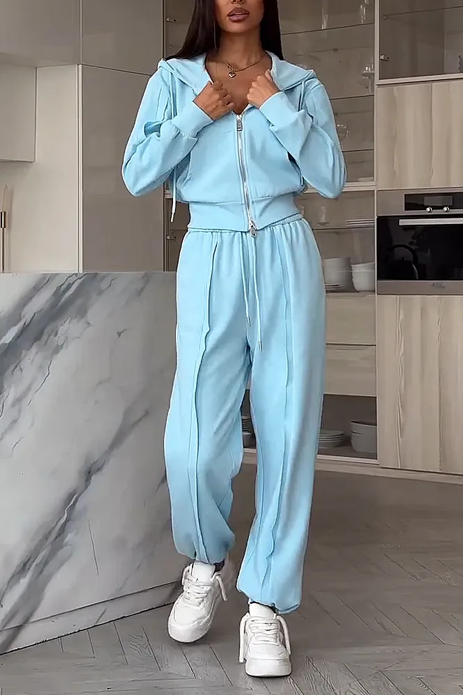 Women's Solid Color Laundry Zipper Jacket & Pants Two Piece Set