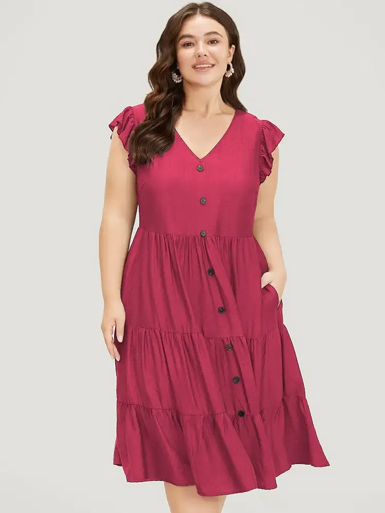 Plain Pocket Button Detail Ruffle Layered Hem Dress